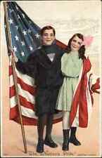 Patriotic Boy and Girl Wrapped in American Flag Pre-1910 Vintage Postcard picture