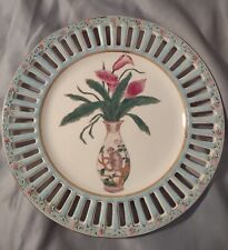 Vintage Oriental Decorative Plate with Pink Lilies with Lattice Work Rim picture