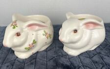 2 VTG AVON Ceramic Floral & White Bunny Rabbit Art Pottery Planter-Hand painted picture