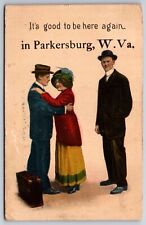“Good to Be Here” in Parkersburg West Virginia~Couple Hugs by Suitcase~c1910 picture
