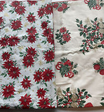 2 Vtg Vinyl flannel backed Poinsettias & Bells Christmas Tablecloths Rectangle picture