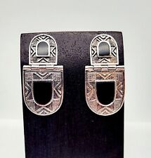 Vintage Tribal Bali MCM Sterling Silver Onyx Inlay Hinged Post Earrings - 10.3g picture