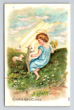 1908 Traditional Easter Angel Girl Flowers Lamb Pasture Germany Postcard picture