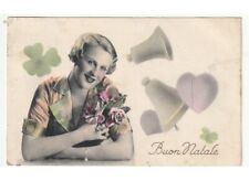 1942 Christmas Card D'Epoca Female Girl Rose Bells Heart Leaf Clover picture