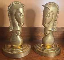 Vintage MCM Mid-Century Solid Brass Bookends - Chess Knight - Horse Head picture