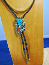 Vintage Native American Bolo Tie, with Turquoise and Coral in Sterling Silver picture