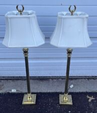 Pair Of Vintage Brass Regency Style Column Lamps With Shades picture