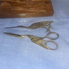 Rare unusual vintage/antique stork scissors and punch in wooden box picture