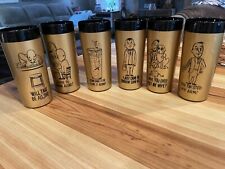 6 Vintage Mid Century Funny Insulated Black & Gold Barware Drink Tumblers picture