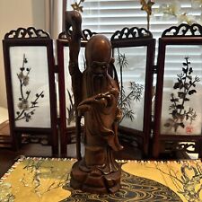 Vintage 12” Tall Chinese Hand Carved Wooden Old Man Statue w/ Walking Stick picture