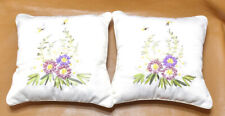 2 Applique Embroidered Throw Pillow 12” Floral w/Bumble Bees Zipper Back Polyfil picture