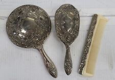 Vintage Silver Plated Rose Scroll Hand Mirror, Brush and Comb Vanity Set picture