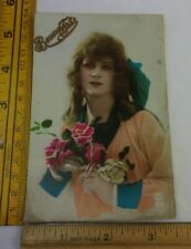 Bonne Fete pink roses woman Paris France 1910s Real Photo Postcard RPPC picture