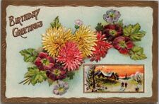 1914 BIRTHDAY GREETINGS Embossed Postcard Colorful Flowers / Winter House Scene picture