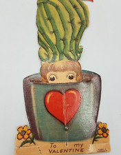 Vintage Mechanical Valentine Card Moving Cactus Head Girl in Heart Vase, Germany picture