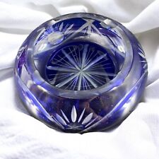 Vintage Czech Bohemian Cobalt Blue Cut To Clear Round Ashtray Dish Crystal Glass picture
