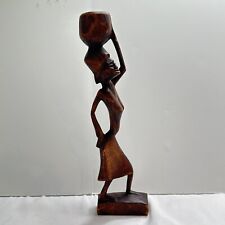 African Woman Art Statue Figurine  Holding A Water Jug Bucket  Wood VTG 10” picture