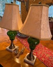 VTG PAIR GREEN OPTIC GLASS/MARBLE BASE LAMPS w/CLOTH SHADES- GREEN GLASS FINIALS picture