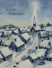 VTG 1947 SNOWY CHRISTMAS VILLAGE SCENE CHURCH CHARLES CULP GREETING CARD UNUSED picture