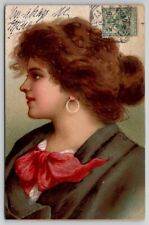 Glamour Girl Beautiful Woman Red Pretty Face Red Bow Side Profile Postcard D21 picture