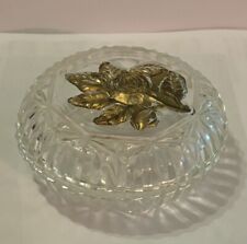 Vintage Glass Jewelry Trinket Box with Bronze Flower Accent picture