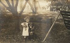 c1910 RPPC Postcard; Tiny Little Girl Hugs her Dog and Teddy Bear by Fancy Wagon picture