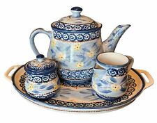 Temptations Tea Set Old World Teapot Sugar Creamer TrayBlue Floral 6 Pc Gift picture