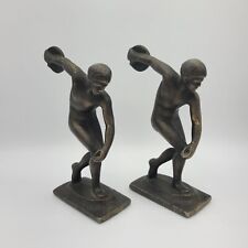 Vintage Cast Iron Discus Thrower Bookends Greek Olympian Classical Bronze Statue picture