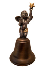 Pewter Cherub on Brass bell angel holding star with Gold Paint Rings MCM picture