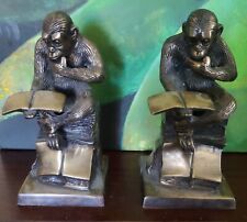 Vintage Heavy Brass The Thinker Monkeys Reading Books Bookends picture