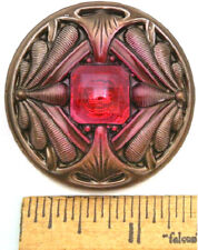 42mm Vintage Czech Glass Nouveau DOUBLE DRAGONFLY Ruby Red Antique Brass Button  picture
