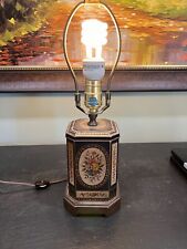 Vintage English Tea Tin Caddy Table Lamp Wood Base Floral Black Gold Trim Read picture