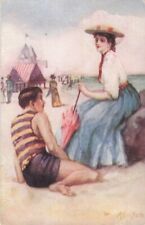 Artist Signed Vintage Postcard Zula Kenyon Carefree Lovers on Beach picture