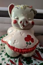 VTG 40S AMERICAN BISQUE POTTERY PIG COOKIE JAR  DRESS & TURN ABOUT BOW  & CLOVER picture