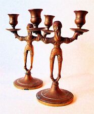 Old Antique Brass Candlesticks Matching Set Old Men Russian Style Pair Solid picture