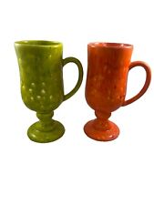 Vintage MCM Ceramic Speckle Glazed Pedestal Handle Mugs Marked Shriver picture