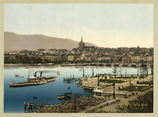 Lake Geneva. Geneva. The Landing and City View.  P.Z. vintage photochromi picture