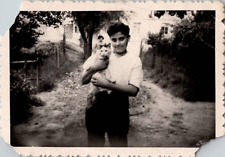 European Teenage Boy Holding a Cute White Cat Snapshot 1950s Vintage Photograph picture