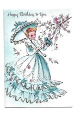 Vtg Birthday Card Fashionable Lady w/ Parasol Holds Little Blue Bird Pink Flower picture