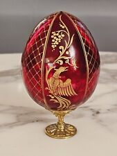 Antique Ruby Red Crystal Russian Egg Etched Laces & Phoenix on Bronze Stand Rare picture