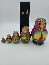 Handmade Russian Nesting Dolls 5-piece,+ Matching Earrings Signed By Artist 🎨 picture