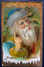 Full Face~Blue Robe Santa Claus~Antique Gel Embossed  Christmas Postcard~k124 picture