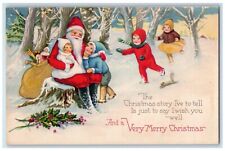 1922 Christmas Santa Claus Sack Of Toys Childrens Holly Berries Winter Postcard picture