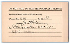Ames Iowa IA Postal Card Received of Auditor of Hardin County 1919 Posted picture