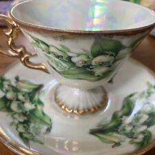 Vintage UCAGCO Japan May tea cup/saucer iridescent Opalescent gold trim picture