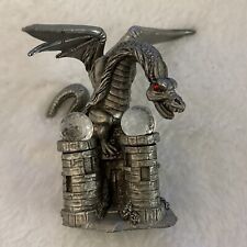 1987 SPOONTIQUES PEWTER DRAGON ON CASTLE HOLDING CRYSTAL BALLS RED EYES picture