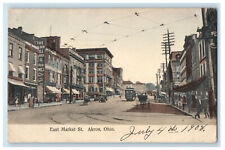 1908 Trolley Car, Horse Carriage Businesses, East Market St. Akron OH Postcard picture