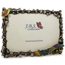 Bejeweled peacock in garden photo frame, enamel painted with crystals in 5 x 7 picture