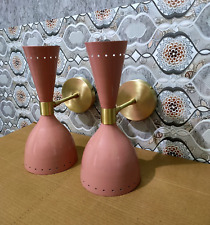 1950's Mid Century Brass Italian pink Diabolo Wall Sconce Light -Fixture 2 Bulb picture