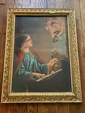 Antique Lithograph Print Saint Cecilia Piano Cherubs Ornate Gold Wood Frame  picture